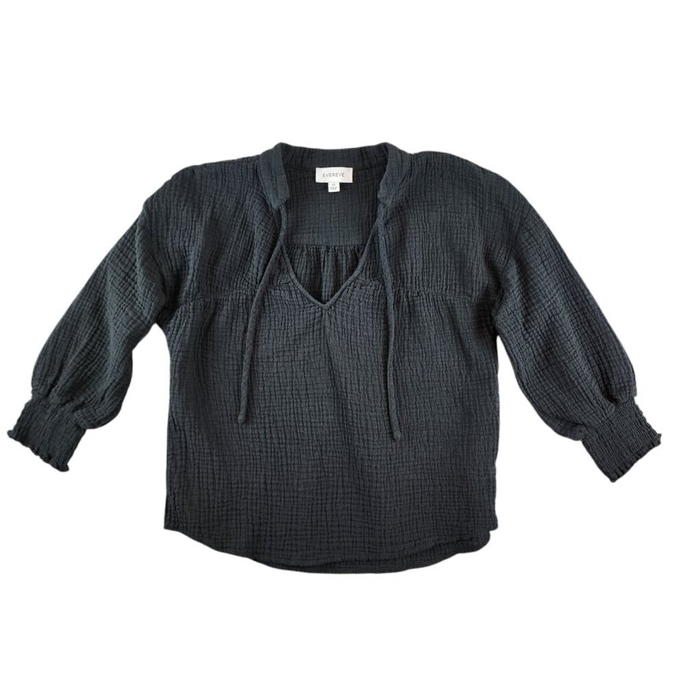 Evereve Eleanor Smocked Cotton Gauze Top 3/4 Sleeve Tie Neck Keyhole Black sz XS